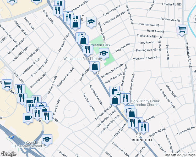 map of restaurants, bars, coffee shops, grocery stores, and more near 3750 Williamson Road in Roanoke
