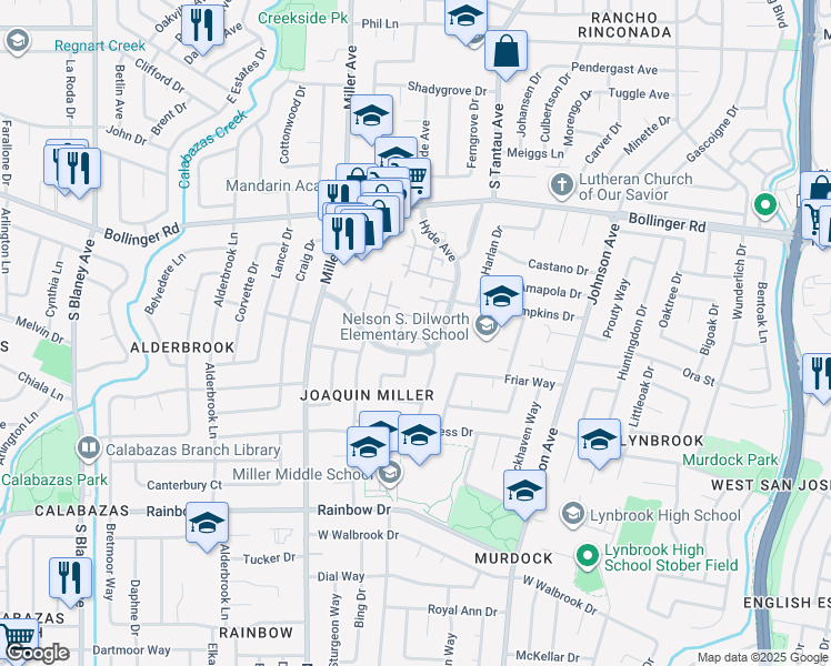 map of restaurants, bars, coffee shops, grocery stores, and more near 1084 Regency Knoll Drive in San Jose
