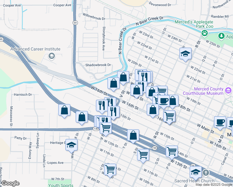 map of restaurants, bars, coffee shops, grocery stores, and more near 1535 West 16th Street in Merced