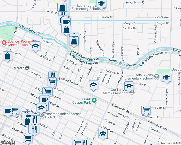 map of restaurants, bars, coffee shops, grocery stores, and more near 2660 6th Avenue in Merced