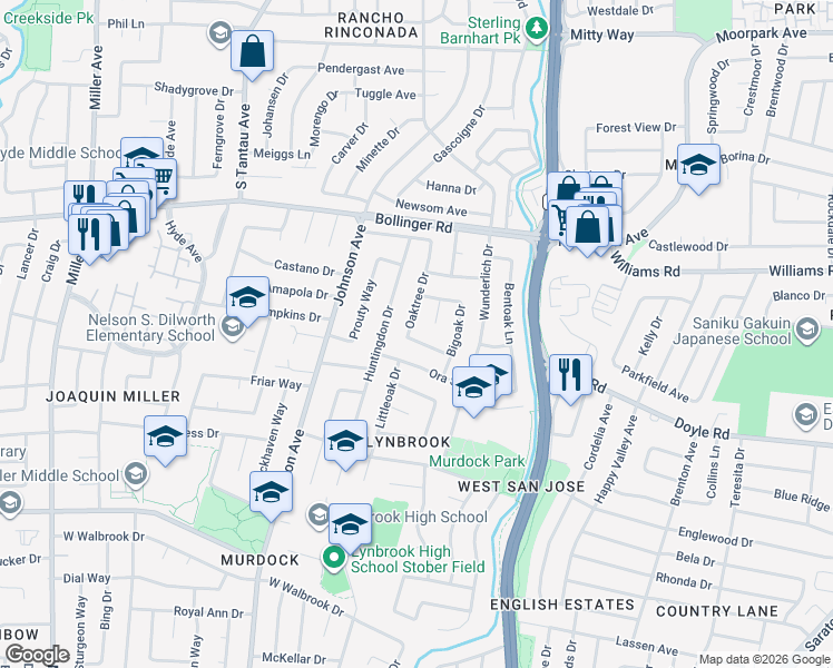 map of restaurants, bars, coffee shops, grocery stores, and more near 1064 Oaktree Drive in San Jose