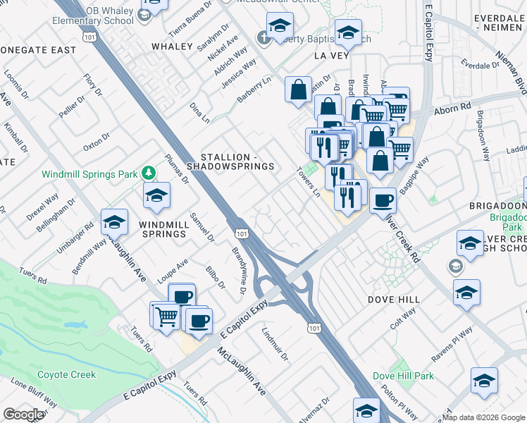 map of restaurants, bars, coffee shops, grocery stores, and more near 3026 Shadow Springs Place in San Jose