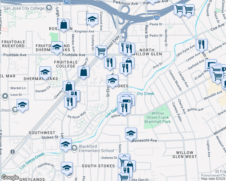 map of restaurants, bars, coffee shops, grocery stores, and more near 950 Saint Elizabeth Drive in San Jose