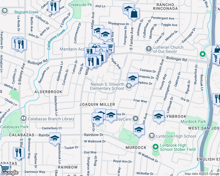 map of restaurants, bars, coffee shops, grocery stores, and more near 1084 Regency Knoll Drive in San Jose