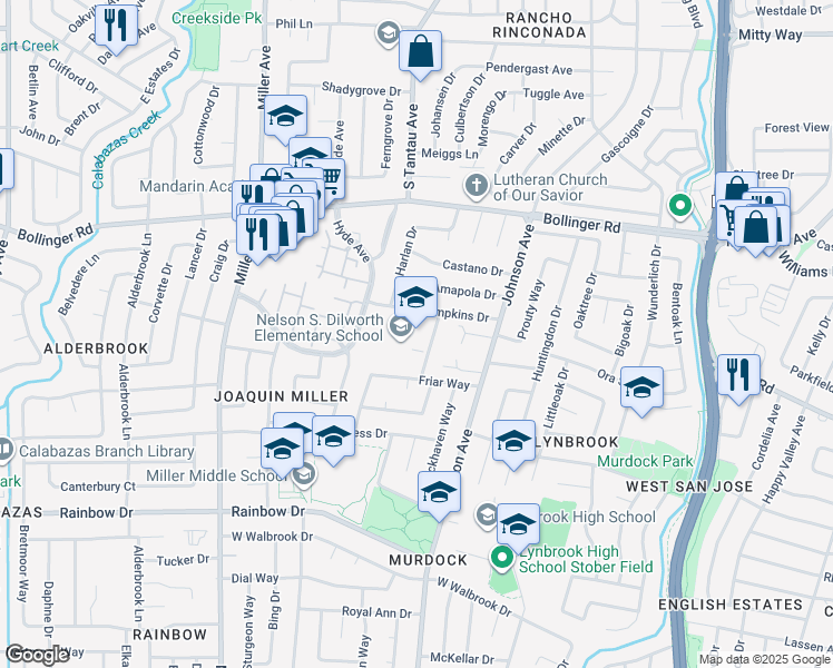 map of restaurants, bars, coffee shops, grocery stores, and more near 1101 Strayer Drive in San Jose