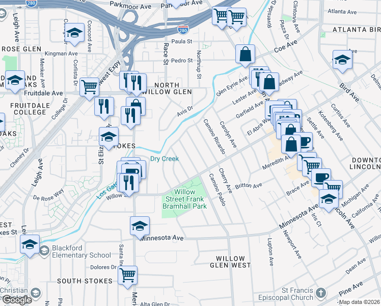 map of restaurants, bars, coffee shops, grocery stores, and more near 1042 Camino Ramon in San Jose