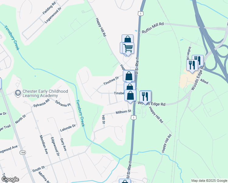map of restaurants, bars, coffee shops, grocery stores, and more near 15728 Timberline Drive in Colonial Heights