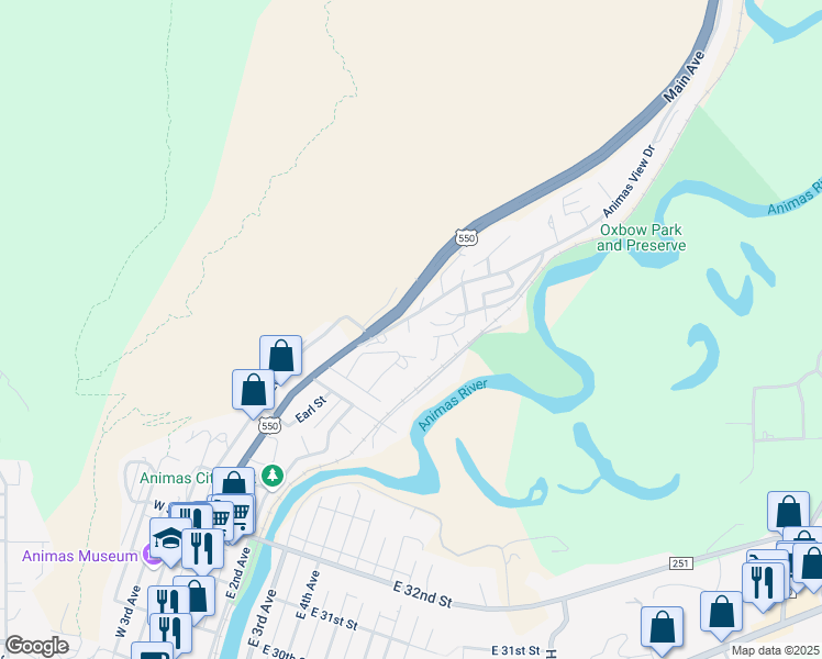 map of restaurants, bars, coffee shops, grocery stores, and more near 98 Animas View Drive in Durango