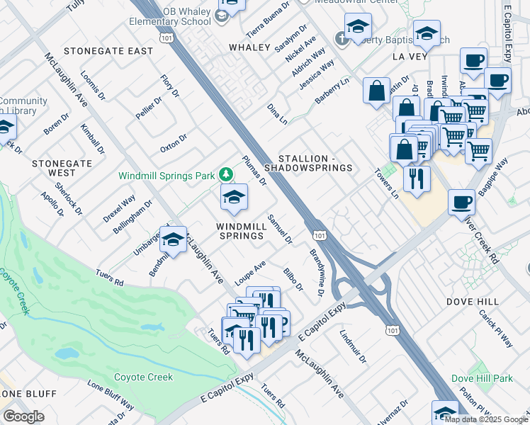 map of restaurants, bars, coffee shops, grocery stores, and more near 2905 Samuel Drive in San Jose
