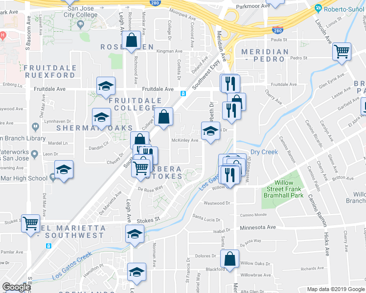 map of restaurants, bars, coffee shops, grocery stores, and more near 1526 Willowhaven Court in San Jose