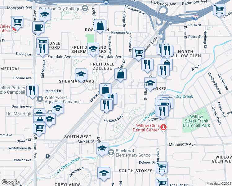 map of restaurants, bars, coffee shops, grocery stores, and more near 1491 De Rose Way in San Jose