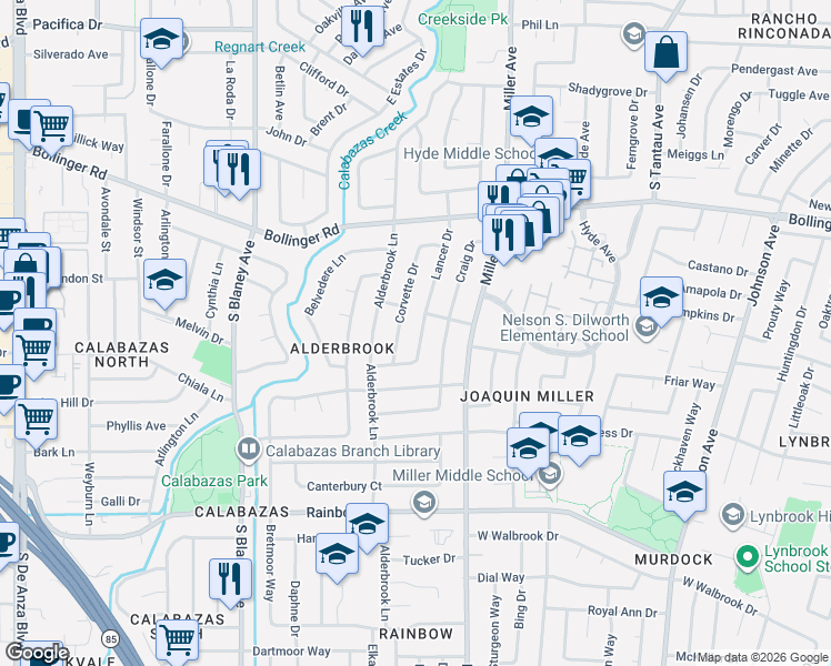map of restaurants, bars, coffee shops, grocery stores, and more near 1082 Corvette Drive in San Jose