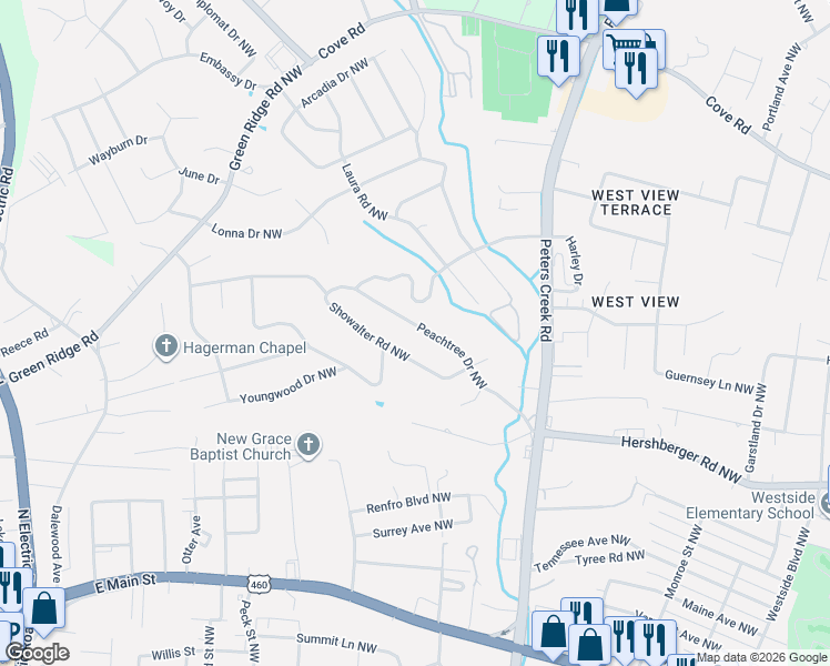map of restaurants, bars, coffee shops, grocery stores, and more near 4750 Peach Tree Drive Northwest in Roanoke
