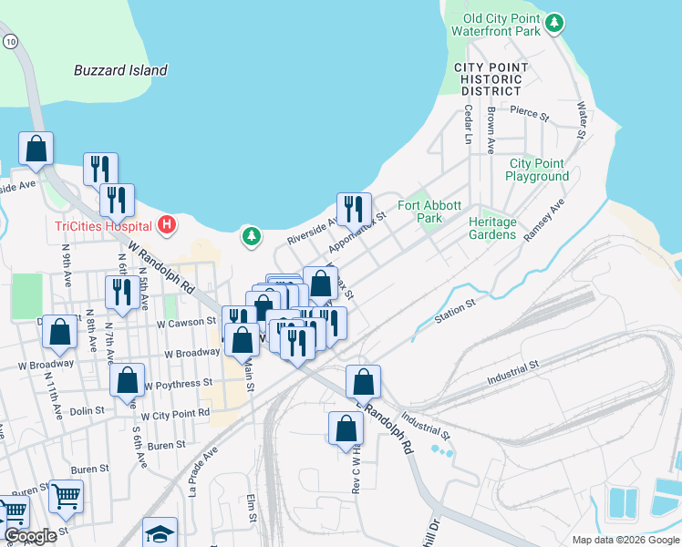 map of restaurants, bars, coffee shops, grocery stores, and more near 303 Kippax Street in Hopewell