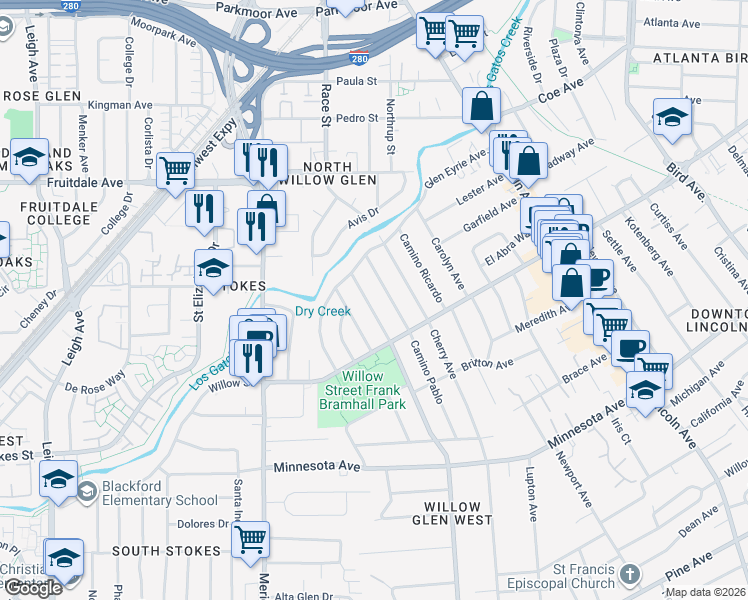 map of restaurants, bars, coffee shops, grocery stores, and more near 1042 Camino Ramon in San Jose