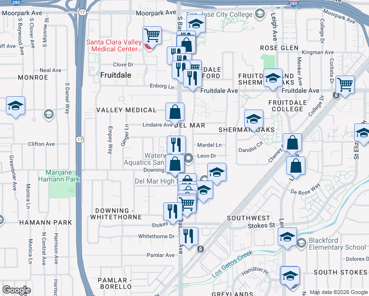 map of restaurants, bars, coffee shops, grocery stores, and more near 1067-1083 South Bascom Avenue in San Jose