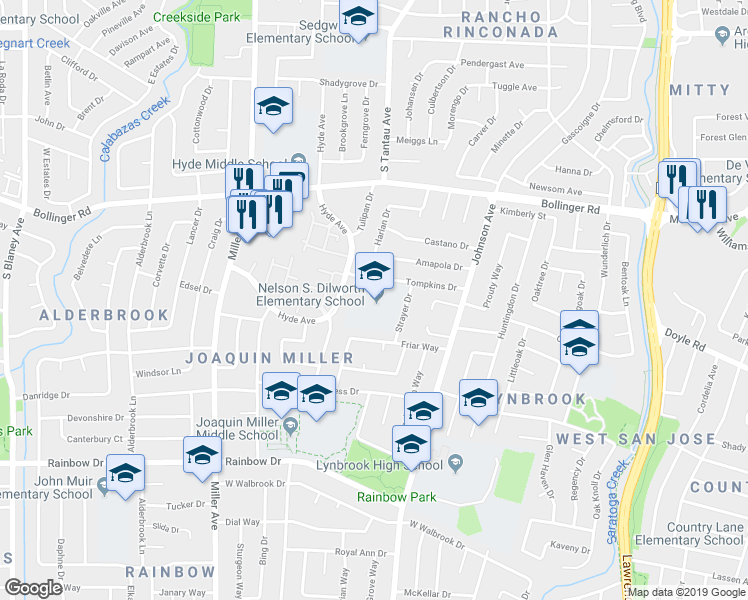 map of restaurants, bars, coffee shops, grocery stores, and more near 1101 Strayer Drive in San Jose