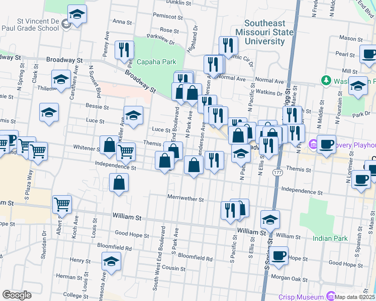 map of restaurants, bars, coffee shops, grocery stores, and more near 60 North Park Avenue in Cape Girardeau