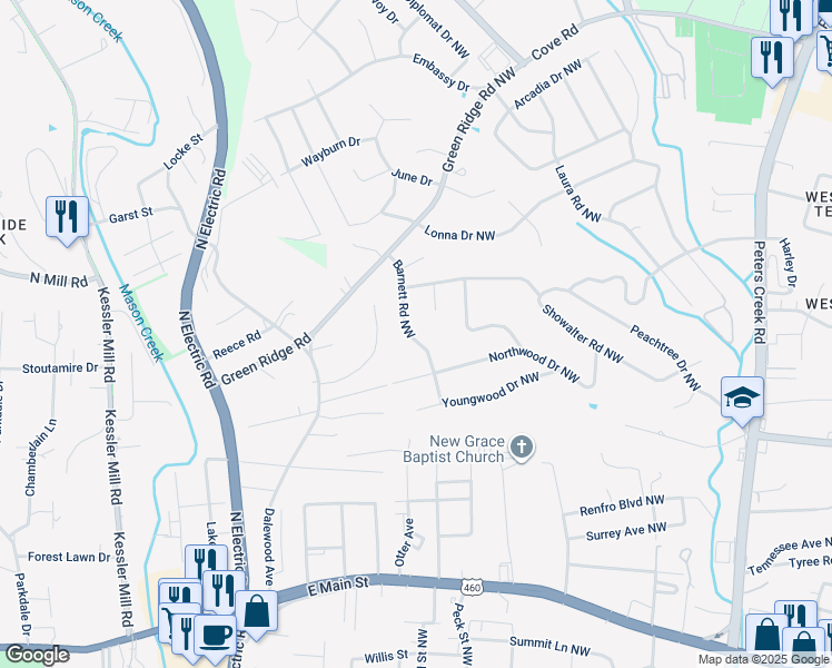 map of restaurants, bars, coffee shops, grocery stores, and more near 1633 Barnett Road Northwest in Roanoke