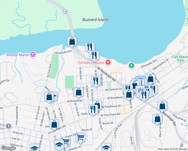 map of restaurants, bars, coffee shops, grocery stores, and more near 602 Eppes Street in Hopewell