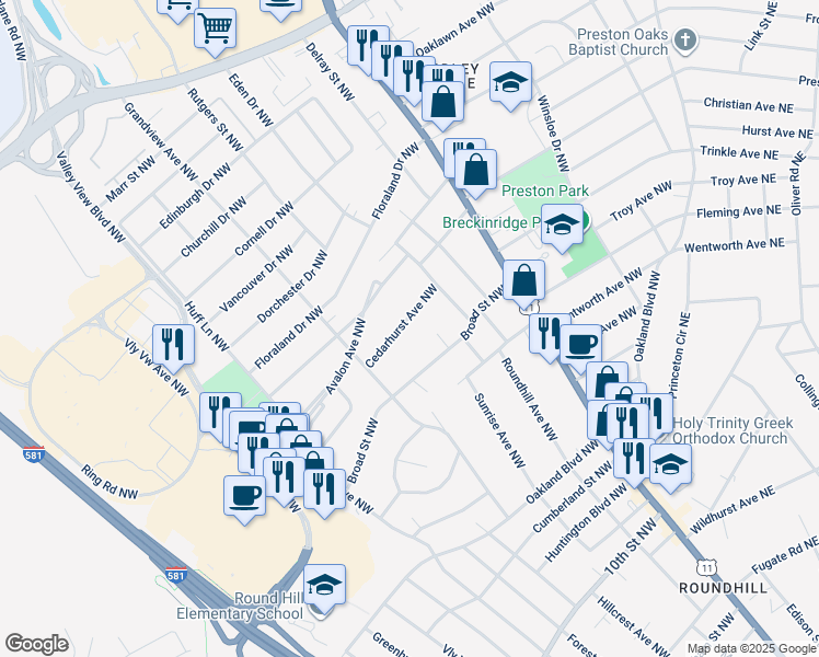 map of restaurants, bars, coffee shops, grocery stores, and more near 2711 Cedarhurst Avenue Northwest in Roanoke