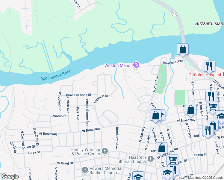 map of restaurants, bars, coffee shops, grocery stores, and more near 901 Mansion Drive in Hopewell