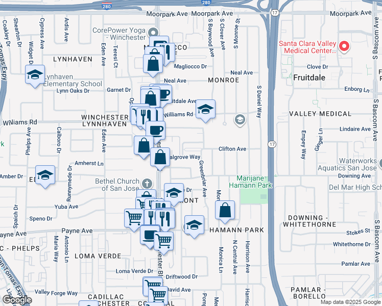 map of restaurants, bars, coffee shops, grocery stores, and more near 2978 Walgrove Way in San Jose