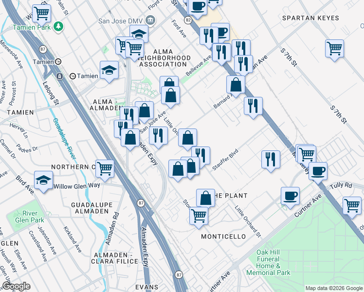 map of restaurants, bars, coffee shops, grocery stores, and more near 1723 Little Orchard Street in San Jose
