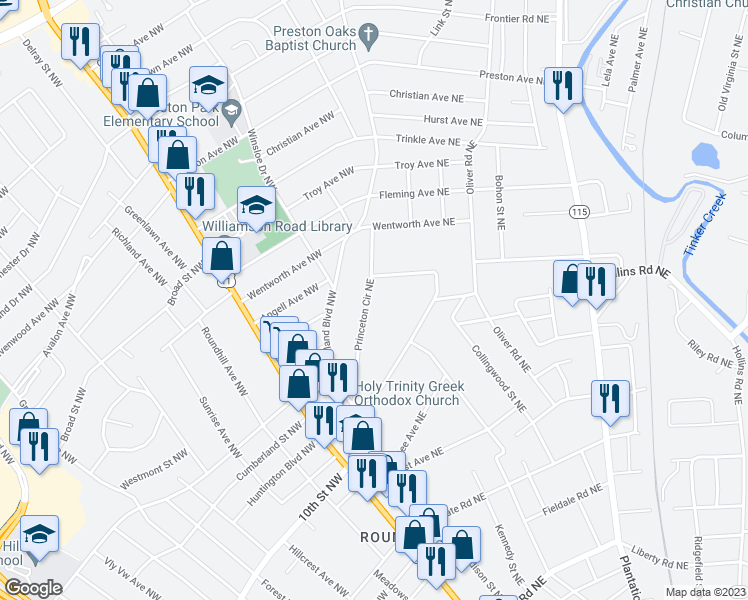 map of restaurants, bars, coffee shops, grocery stores, and more near 3541 Princeton Circle Northeast in Roanoke
