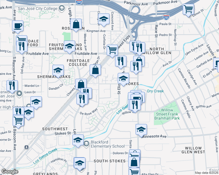 map of restaurants, bars, coffee shops, grocery stores, and more near 1503 Willowhaven Court in San Jose