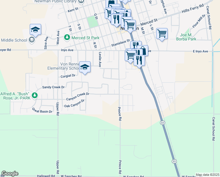 map of restaurants, bars, coffee shops, grocery stores, and more near 2129 Canyon Creek Court in Newman