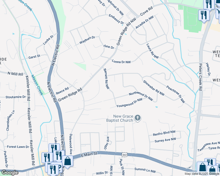 map of restaurants, bars, coffee shops, grocery stores, and more near 1633 Barnett Road Northwest in Roanoke