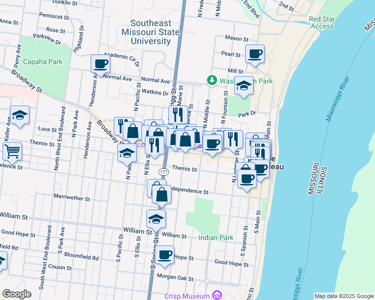 map of restaurants, bars, coffee shops, grocery stores, and more near 536 Broadway Street in Cape Girardeau
