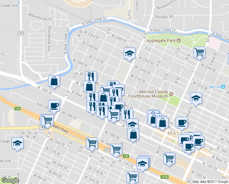 map of restaurants, bars, coffee shops, grocery stores, and more near 1124 West 19th Street in Merced
