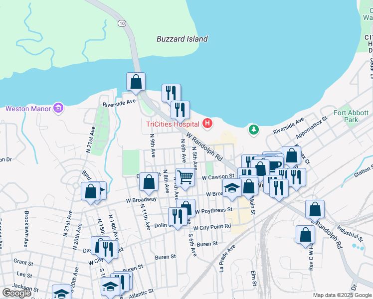 map of restaurants, bars, coffee shops, grocery stores, and more near 511 North 6th Avenue in Hopewell