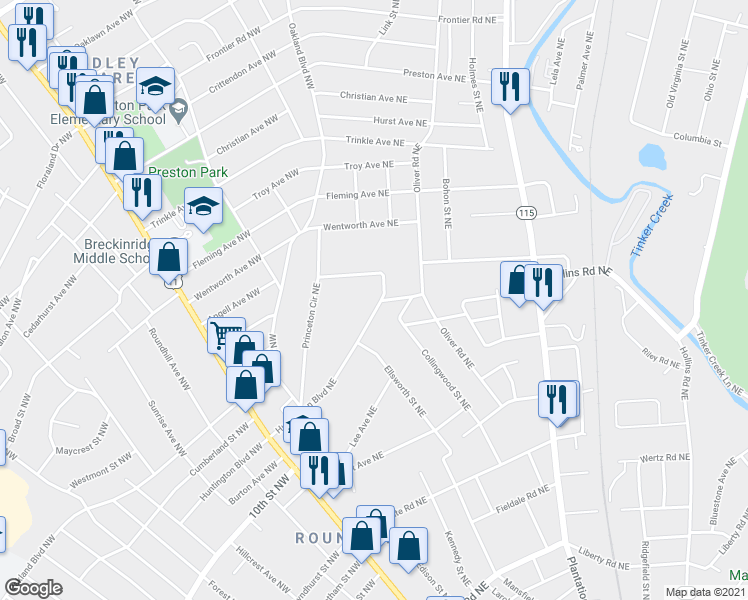 map of restaurants, bars, coffee shops, grocery stores, and more near 244 Huntington Boulevard Northeast in Roanoke
