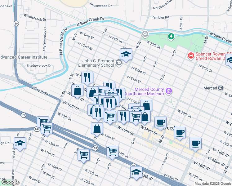 map of restaurants, bars, coffee shops, grocery stores, and more near R Street & West 19th Street in Merced