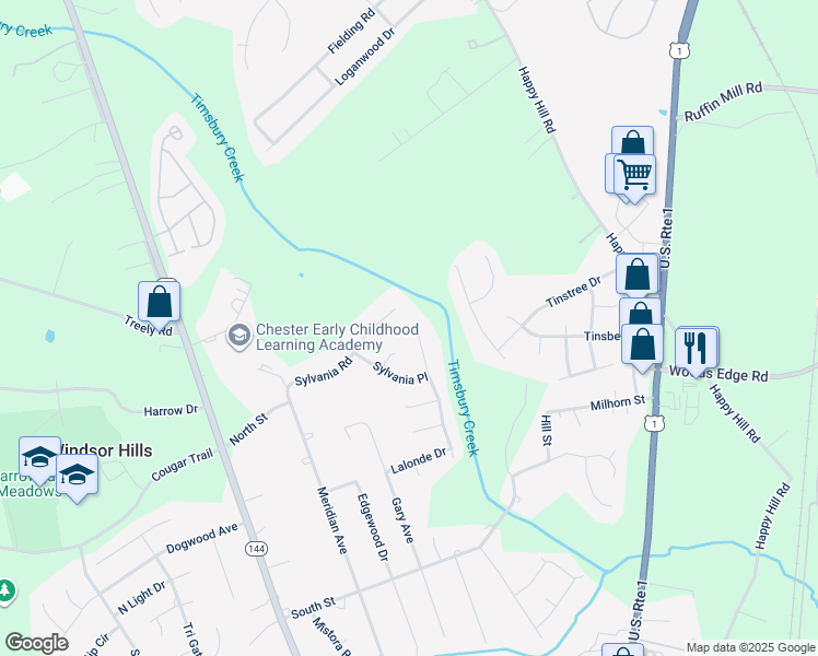 map of restaurants, bars, coffee shops, grocery stores, and more near 15602 Roland View Drive in Chester