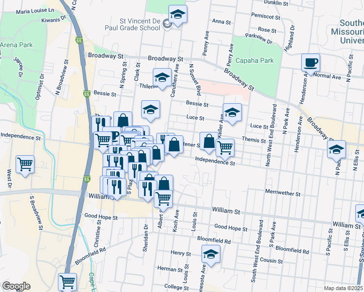 map of restaurants, bars, coffee shops, grocery stores, and more near 1721 Whitener Street in Cape Girardeau