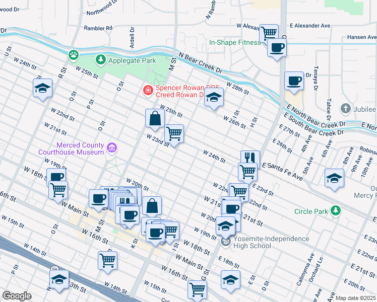 map of restaurants, bars, coffee shops, grocery stores, and more near 327 West 23rd Street in Merced