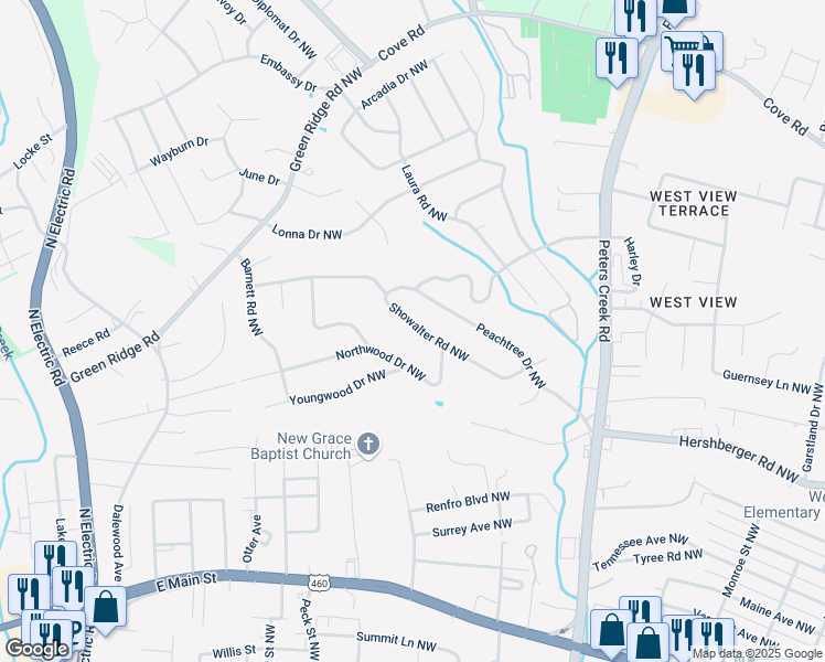 map of restaurants, bars, coffee shops, grocery stores, and more near 4826 Showalter Road Northwest in Roanoke