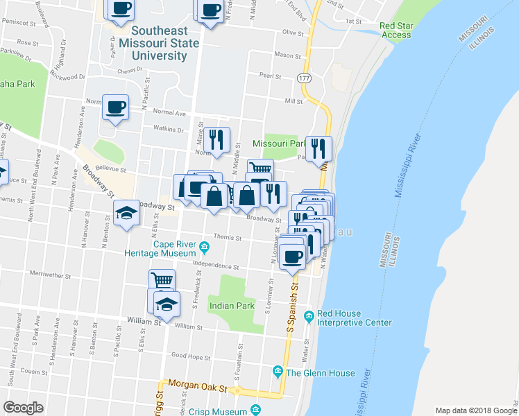 map of restaurants, bars, coffee shops, grocery stores, and more near 338 Broadway Street in Cape Girardeau
