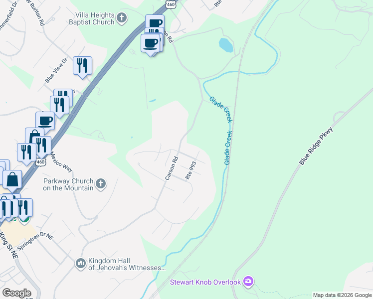 map of restaurants, bars, coffee shops, grocery stores, and more near 3812 Blueberry Ridge in Roanoke