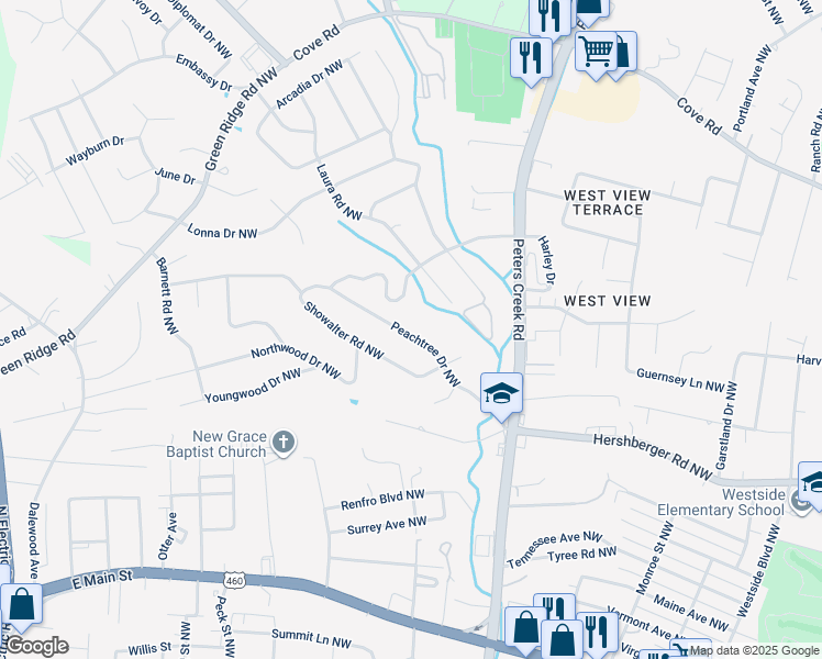 map of restaurants, bars, coffee shops, grocery stores, and more near 4743 Peach Tree Drive Northwest in Roanoke