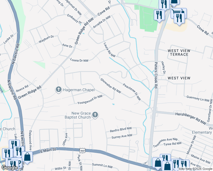 map of restaurants, bars, coffee shops, grocery stores, and more near 4826 Showalter Road Northwest in Roanoke