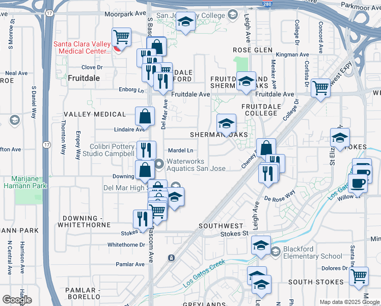 map of restaurants, bars, coffee shops, grocery stores, and more near 2059 Leon Drive in San Jose