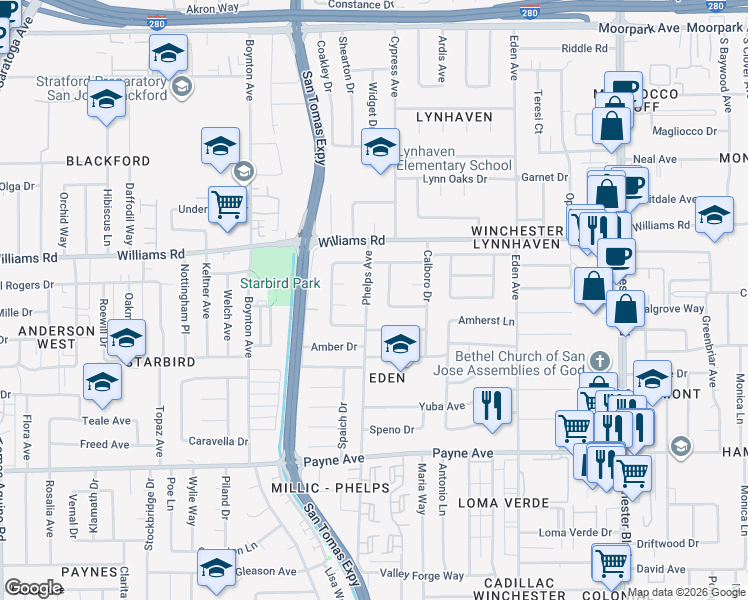map of restaurants, bars, coffee shops, grocery stores, and more near 1055 Woodbine Way in San Jose