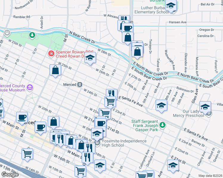 map of restaurants, bars, coffee shops, grocery stores, and more near 38 West 25th Street in Merced