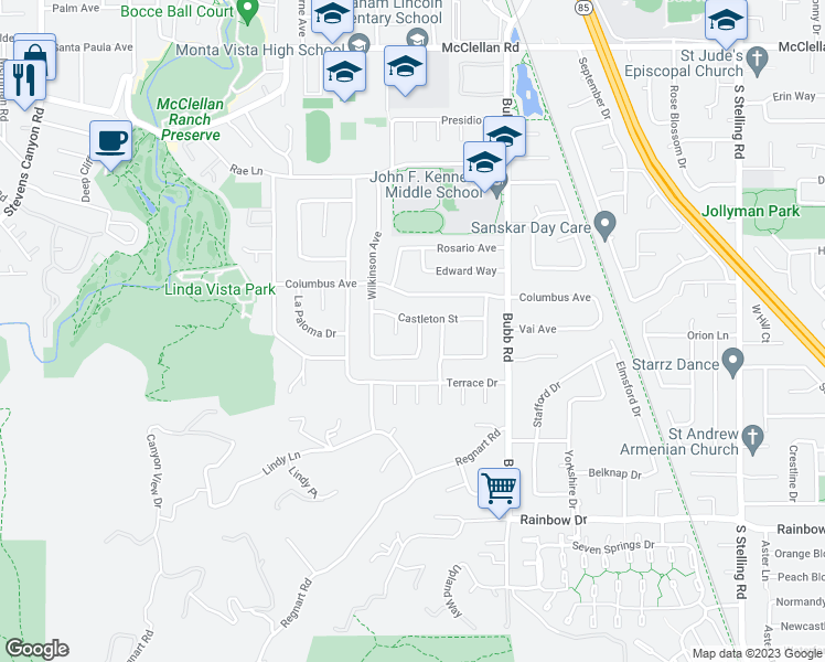 map of restaurants, bars, coffee shops, grocery stores, and more near 11119 Sutherland Avenue in Cupertino
