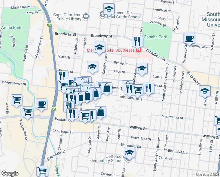 map of restaurants, bars, coffee shops, grocery stores, and more near 1727 Whitener Street in Cape Girardeau